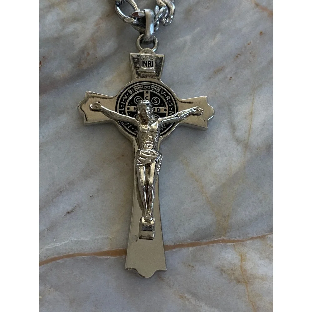 Silver Tone St Benedict Crucifix Pendant Necklace Figaro Chain Religious Jewelry